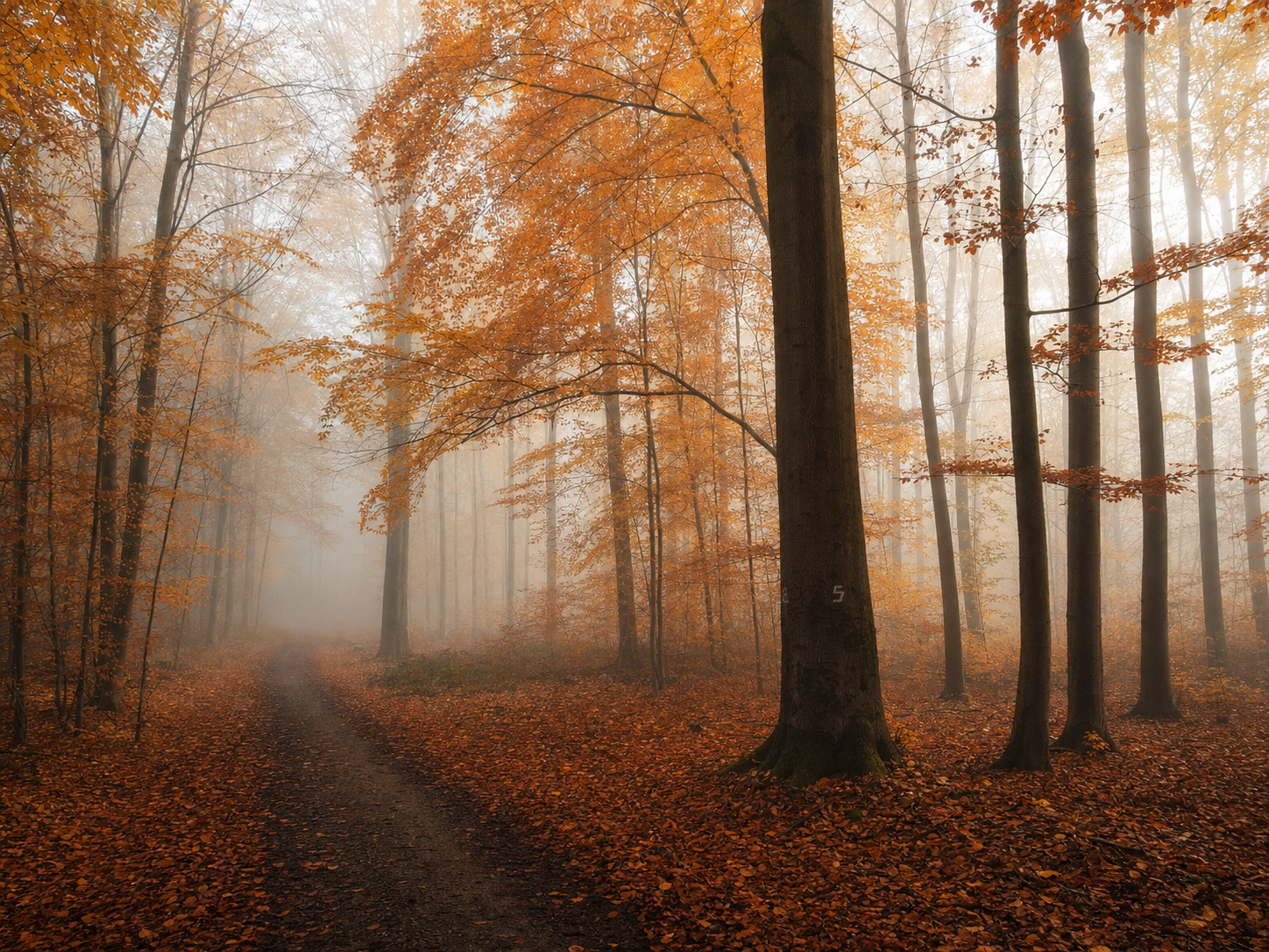 Herbstlicher Buchenwald bei Templin in der Uckermark – morgendlicher Nebel zwischen alten Bäumen