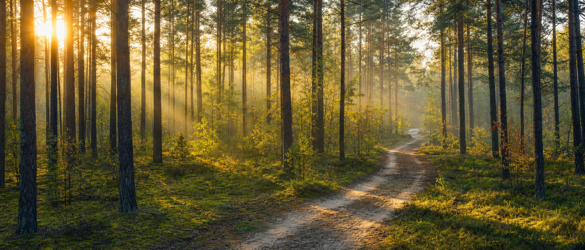 Sonnendurchfluteter Kiefernwald in der Uckermark bei Templin – warmes Morgenlicht und Waldweg